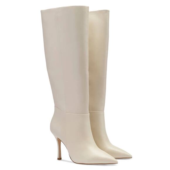 Larroude Kate Ivory Leather Stiletto Heel Pointed Toe Tall Boots Size 6 - Picture 1 of 7